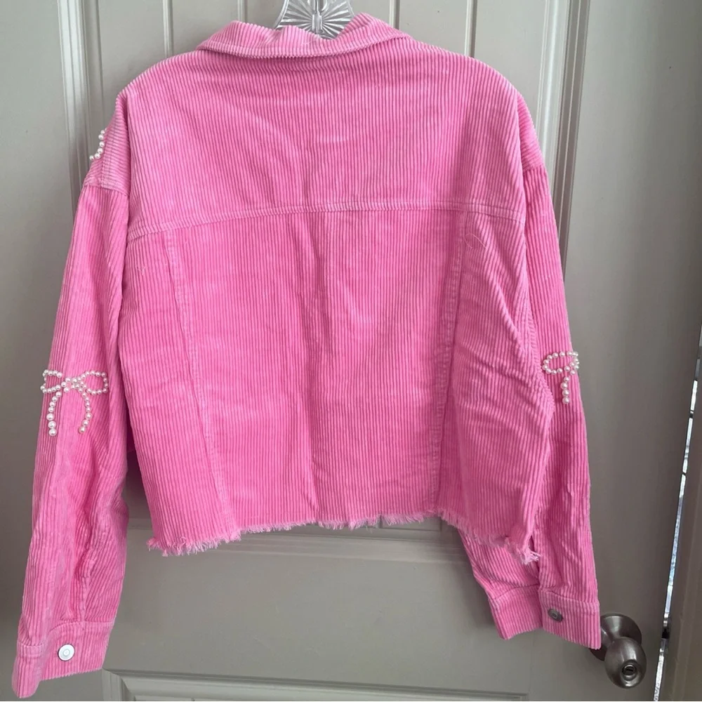Peach Love California Pink Corduroy Bomber Jacket with Pearl Embellishments - Picture 6 of 8